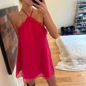 Chic Halter Neck Ruffle Dress in Vibrant Pink